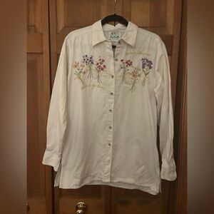 The Quackery Factory Women’s White Cotton Sz S Floral Western Button Down Shirt